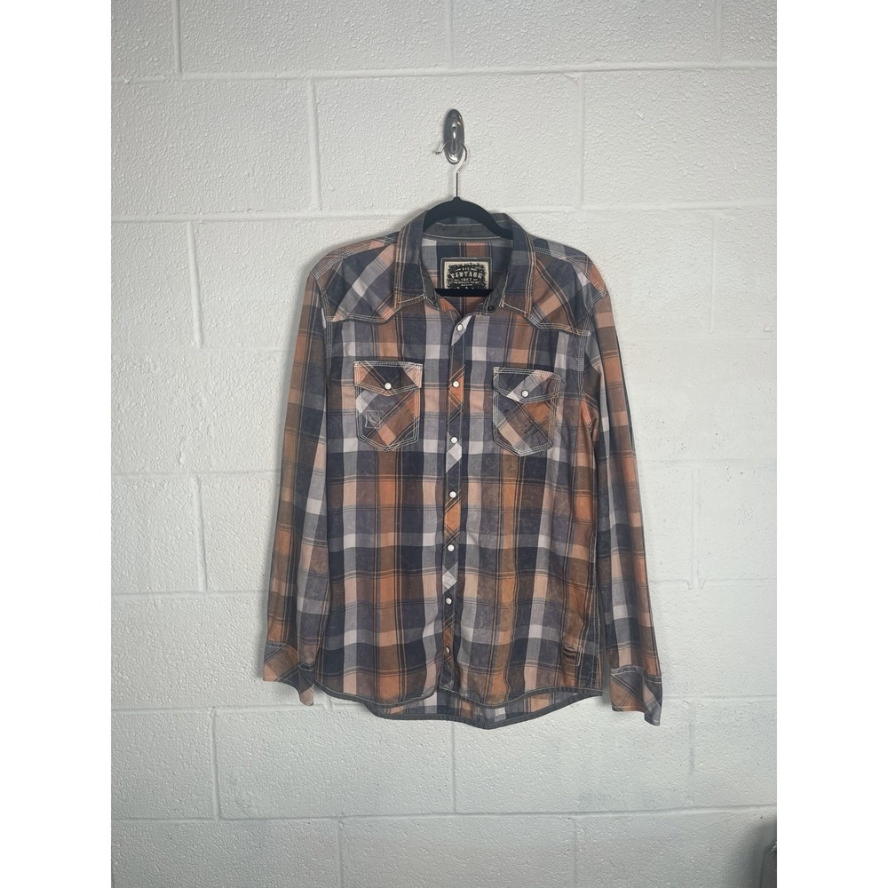 BKE Vintage Mens Large Plaid Pearl Snap Western Shirt Orange Gray Distressed
